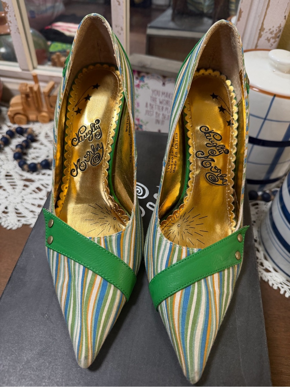 naughty monkey Green Striped Pointed-Toe Pumps with Gold Insole